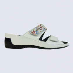 Mules Vital, mules confortables femme en cuir fleurs blanc