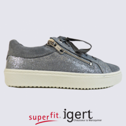 Baskets Superfit, baskets à lacets et glissière fille en cuir gris clair scintillant