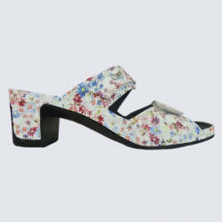 Mules Vital, mules à talons tendance femme en cuir fleurs blanc