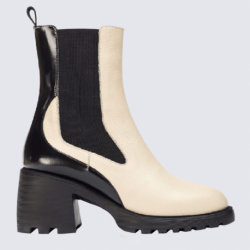 Bottines Wonders, bottines Chelsea à talon femme en cuir noir et beige