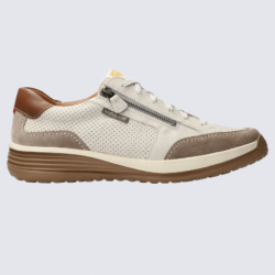 Baskets Mephisto, sneakers élégantes homme en cuir lisse creme/brun